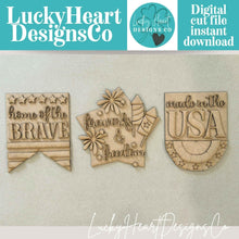 Load image into Gallery viewer, July Fourth Pedestal Spindle Slide On Seasonal Set Interchangeable File SVG, America, USA, Fireworks, Glowforge, LuckyHeartDesignsCo