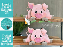 Load image into Gallery viewer, Pig Shelf Hanging Sitter File SVG, Ledge, Cow, Daisy, Flower, Spring Farm, Hanger, Tiered Tray Glowforge LuckyHeartDesignsCo