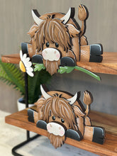 Load image into Gallery viewer, Highland Shelf Hanging Sitter File SVG, Ledge, Cow, Daisy, Flower, Spring Farm, Hanger, Tiered Tray Glowforge LuckyHeartDesignsCo