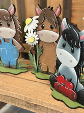 Load image into Gallery viewer, Horse Farm Standing File SVG, Glowforge, Overalls, Daisy, Daisies, Mud, Tiered Tray LuckyHeartDesignsCo