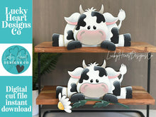 Load image into Gallery viewer, Dairy Cow Shelf Hanging Sitter File SVG, Ledge, Daisy, Flower, Spring Farm, Hanger, Tiered Tray Glowforge LuckyHeartDesignsCo