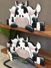 Load image into Gallery viewer, Dairy Cow Shelf Hanging Sitter File SVG, Ledge, Daisy, Flower, Spring Farm, Hanger, Tiered Tray Glowforge LuckyHeartDesignsCo