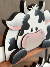 Load image into Gallery viewer, Dairy Cow Shelf Hanging Sitter File SVG, Ledge, Daisy, Flower, Spring Farm, Hanger, Tiered Tray Glowforge LuckyHeartDesignsCo