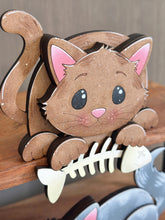 Load image into Gallery viewer, Cat Shelf Hanging Standing Sign File SVG, Hanger, Kitten, Fish, Yarn, Mantle decor, glowforge LuckyHeartDesignsCo