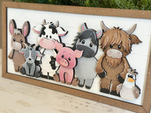 Load image into Gallery viewer, Farm Friends Shiplap Sign File SVG, Highland Cow, Chicken, Pig, Goat, Horse, Donkey, Barn Buddies, Glowforge, LuckyHeartDesignsCo