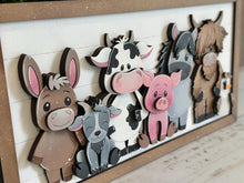 Load image into Gallery viewer, Farm Friends Shiplap Sign File SVG, Highland Cow, Chicken, Pig, Goat, Horse, Donkey, Barn Buddies, Glowforge, LuckyHeartDesignsCo