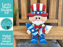 Load image into Gallery viewer, Uncle Sam Shelf Hanging Sitter File SVG, Ledge, July Fourth, America, USA, Fireworks, Hanger, Tiered Tray Glowforge LuckyHeartDesignsCo