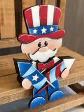 Load image into Gallery viewer, Uncle Sam Shelf Hanging Sitter File SVG, Ledge, July Fourth, America, USA, Fireworks, Hanger, Tiered Tray Glowforge LuckyHeartDesignsCo