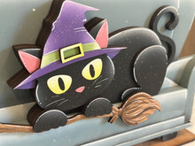 Load image into Gallery viewer, Black Cat Shelf Hanging File SVG, Hanger, Kitten, Witch, Halloween, Broom, Candy, Trick or Treat Mantle decor, glowforge LuckyHeartDesignsCo