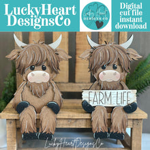 Load image into Gallery viewer, Highland Sitting Shelf Hanging Sitter File SVG, Ledge, Cow, Farm, Flower, Spring Farm, Hanger, Tiered Tray Glowforge LuckyHeartDesignsCo