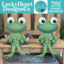 Load image into Gallery viewer, Frog Sitting Shelf Hanging Sign File SVG, Daisy, Mushroom, Floral, Flower, Basket, Mantle decor, Woodland, glowforge LuckyHeartDesignsCo