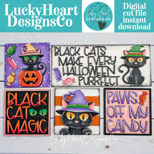 Load image into Gallery viewer, Black Cat Candy Interchangeable Leaning Sign File SVG, Glowforge Tiered Tray, Witch, Halloween, Boo, Trick or Treat, LuckyHeartDesignsCo