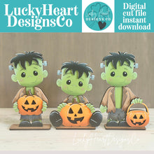 Load image into Gallery viewer, Cute Frankenstein Standing File SVG, Witch, Jack-o-lantern, Monster, Trick Or Treat Tiered Tray Glowforge, LuckyHeartDesignsCo