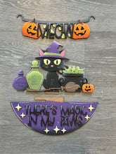Load image into Gallery viewer, Black Cat Halloween Holiday Door Sign Interchangeable File, SVG Cauldron, Witch, Spooky, Potion, Spider, Seasonal, Home, Welcome, glowforge