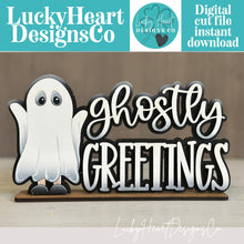 Load image into Gallery viewer, Ghostly Greetings Shelf Sitter File SVG, Halloween, Costume, Jack-o-lantern, Trick Or Treat Tiered Tray Glowforge, LuckyHeartDesignsCo
