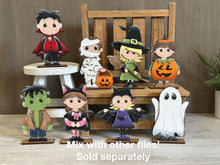 Load image into Gallery viewer, Halloween Girl Costume Standing File SVG, Pumpkin, Witch, Bat, Cat Jack-o-lantern, Trick Or Treat Tiered Tray Glowforge, LuckyHeartDesignsCo