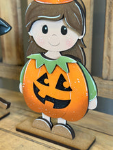 Load image into Gallery viewer, Halloween Girl Costume Standing File SVG, Pumpkin, Witch, Bat, Cat Jack-o-lantern, Trick Or Treat Tiered Tray Glowforge, LuckyHeartDesignsCo