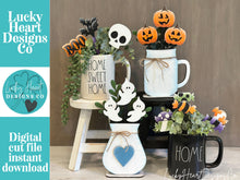 Load image into Gallery viewer, Halloween Mug Stick File SVG, Glowforge Tiered Tray, Ghost, Bat, Candy, Skull, Pumpkin, Plant Topper, Gift, LuckyHeartDesignsCo