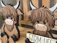 Load image into Gallery viewer, Highland Sitting Shelf Hanging Sitter File SVG, Ledge, Cow, Farm, Flower, Spring Farm, Hanger, Tiered Tray Glowforge LuckyHeartDesignsCo