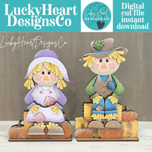 Load image into Gallery viewer, Scarecrows Shelf Hanging Sign File SVG, Fall, Farm, Pumpkin, Hay bale, Corn, Mantle decor, glowforge LuckyHeartDesignsCO