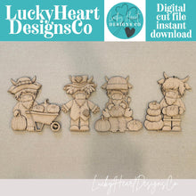 Load image into Gallery viewer, Fall Pumpkin Highland Standing File SVG, Pumpkin, Cow, Scarecrow, Leaves, Autumn, Farm, Tiered Tray Glowforge, LuckyHeartDesignsCo