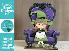 Load image into Gallery viewer, Witch Halloween Chair Interchangeable Shelf Sitter Hanging File SVG, Ledge, Hanger, Tiered Tray Glowforge LuckyHeartDesignsCo