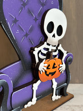 Load image into Gallery viewer, Skeleton Shelf Hanging File SVG, Ledge, Halloween, Skull, Jack-o-lantern, Hanger, Tiered Tray Glowforge LuckyHeartDesignsCo