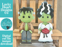 Load image into Gallery viewer, Frankenstein and Bride Shelf Hanging File SVG, Ledge, Halloween, Skull, Jack-o-lantern, Hanger, Tiered Tray Glowforge LuckyHeartDesignsCo