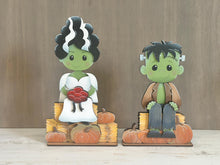 Load image into Gallery viewer, Frankenstein and Bride Shelf Hanging File SVG, Ledge, Halloween, Skull, Jack-o-lantern, Hanger, Tiered Tray Glowforge LuckyHeartDesignsCo