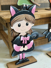 Load image into Gallery viewer, Halloween Girl Costume Standing File SVG, Pumpkin, Witch, Bat, Cat Jack-o-lantern, Trick Or Treat Tiered Tray Glowforge, LuckyHeartDesignsCo