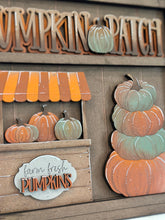 Load image into Gallery viewer, Pumpkin Fall Wall Collage Shelf Holder Interchangeable Sign File Glowforge, Farm, Scarecrow, Standing, LuckyHeartDesignsCo