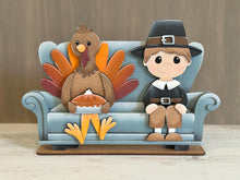 Load image into Gallery viewer, Pilgrim Turkey Shelf Sitter Hanging File SVG, Ledge, Hanger, Thanksgiving, Pumpkin, Tiered Tray Glowforge LuckyHeartDesignsCo