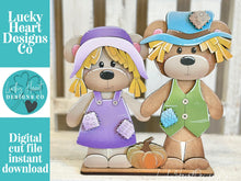 Load image into Gallery viewer, Teddy Bear Scarecrow Couple Standing File SVG, Glowforge Fall Pumpkin Far Girl, Boy, Autumn, Gourd, Decor, Tiered Tray, LuckyHeartDesignsCo