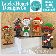 Load image into Gallery viewer, Teddy Bear Christmas Standing Set File SVG, Elf, Sweater, Santa, Holiday, Tree, Ornament, Farm, Tiered Tray Glowforge, LuckyHeartDesignsCo