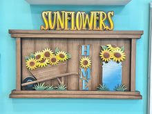 Load image into Gallery viewer, Sunflower Wall Collage Shelf Holder Interchangeable Sign File Glowforge, Farm, Fall, Summer, Scarecrow, Standing, LuckyHeartDesignsCo