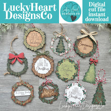 Load image into Gallery viewer, Scored Wreath Tree Christmas Ornament File SVG, Glowforge, Wedding Gift Tag, Holly, Family, Personalized, Holiday, LuckyHeartDesignsCo