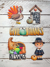 Load image into Gallery viewer, Thanksgiving Wall Collage Shelf Holder Interchangeable Sign File Glowforge, Fall, Pilgrim, Turkey Pumpkin, Standing, LuckyHeartDesignsCo