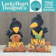 Load image into Gallery viewer, Crow Fall Shelf Hanging Sign File SVG, Fall, Farm, Pumpkin, Hay bale, Corn, Mantle decor, glowforge LuckyHeartDesignsCO