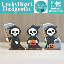 Load image into Gallery viewer, Grim Reaper Halloween Standing File SVG, Skeleton Jack-o-lantern, Boo, Tombstone, Trick Or Treat Tiered Tray Glowforge, LuckyHeartDesignsCo