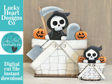 Load image into Gallery viewer, Grim Reaper For The Flower Basket Interchangeable File SVG, TINY, Halloween, Skull Jack-O-Lantern Skeleton, Glowforge, LuckyHeartDesignsCo