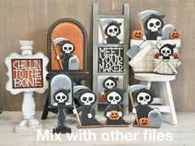 Load image into Gallery viewer, Grim Reaper Interchangeable Leaning Sign File SVG, Glowforge Tiered Tray, Halloween, Skull, Skeleton, Boo Trick or Treat LuckyHeartDesignsCo
