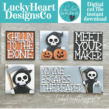Load image into Gallery viewer, Grim Reaper Interchangeable Leaning Sign File SVG, Glowforge Tiered Tray, Halloween, Skull, Skeleton, Boo Trick or Treat LuckyHeartDesignsCo