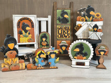 Load image into Gallery viewer, Crow Fall Interchangeable Leaning Sign File SVG, Glowforge, Farm, Scarecrow, Cute, Pumpkin, Leaves, Leaf, Autumn, LuckyHeartDesignsCo