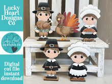 Load image into Gallery viewer, Pilgrim Turkey, Standing File SVG, Tiered Tray Holiday Decor, Thanksgiving, Gobble, Pumpkin Pie, Fall, Glowforge, LuckyHeartDesignsCo
