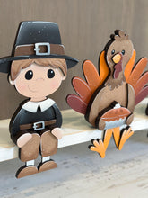 Load image into Gallery viewer, Pilgrim Turkey Shelf Sitter Hanging File SVG, Ledge, Hanger, Thanksgiving, Pumpkin, Tiered Tray Glowforge LuckyHeartDesignsCo
