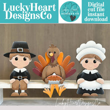 Load image into Gallery viewer, Pilgrim Turkey Shelf Sitter Hanging File SVG, Ledge, Hanger, Thanksgiving, Pumpkin, Tiered Tray Glowforge LuckyHeartDesignsCo