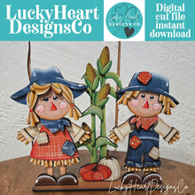 Load image into Gallery viewer, Scarecrow Pair Corn Standing File SVG, Glowforge Pumpkin Farm, Fall, Girl, Boy, Autumn, Gourd, Decor, Tiered Tray, LuckyHeartDesignsCo