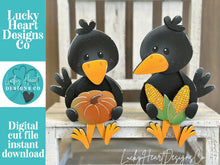 Load image into Gallery viewer, Crow Fall Shelf Hanging Sign File SVG, Fall, Farm, Pumpkin, Hay bale, Corn, Mantle decor, glowforge LuckyHeartDesignsCO