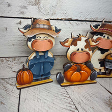 Load image into Gallery viewer, Dairy Cow Pumpkin Standing File SVG, Wheelbarrow, Scarecrow, Leaves, Autumn, Farm, Tiered Tray Glowforge, LuckyHeartDesignsCo