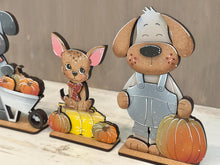 Load image into Gallery viewer, Dog Fall Pumpkin Standing File SVG, Wheelbarrow, Puppy, Scarecrow, Leaves, Autumn, Farm, Tiered Tray Glowforge, LuckyHeartDesignsCo